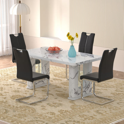 Sumdeal Modern 64.5 Inch Marble Textured Dining Table with 4/6 Faux Leather Upholstered Chairs - Elegant Kitchen and Dining Room Set