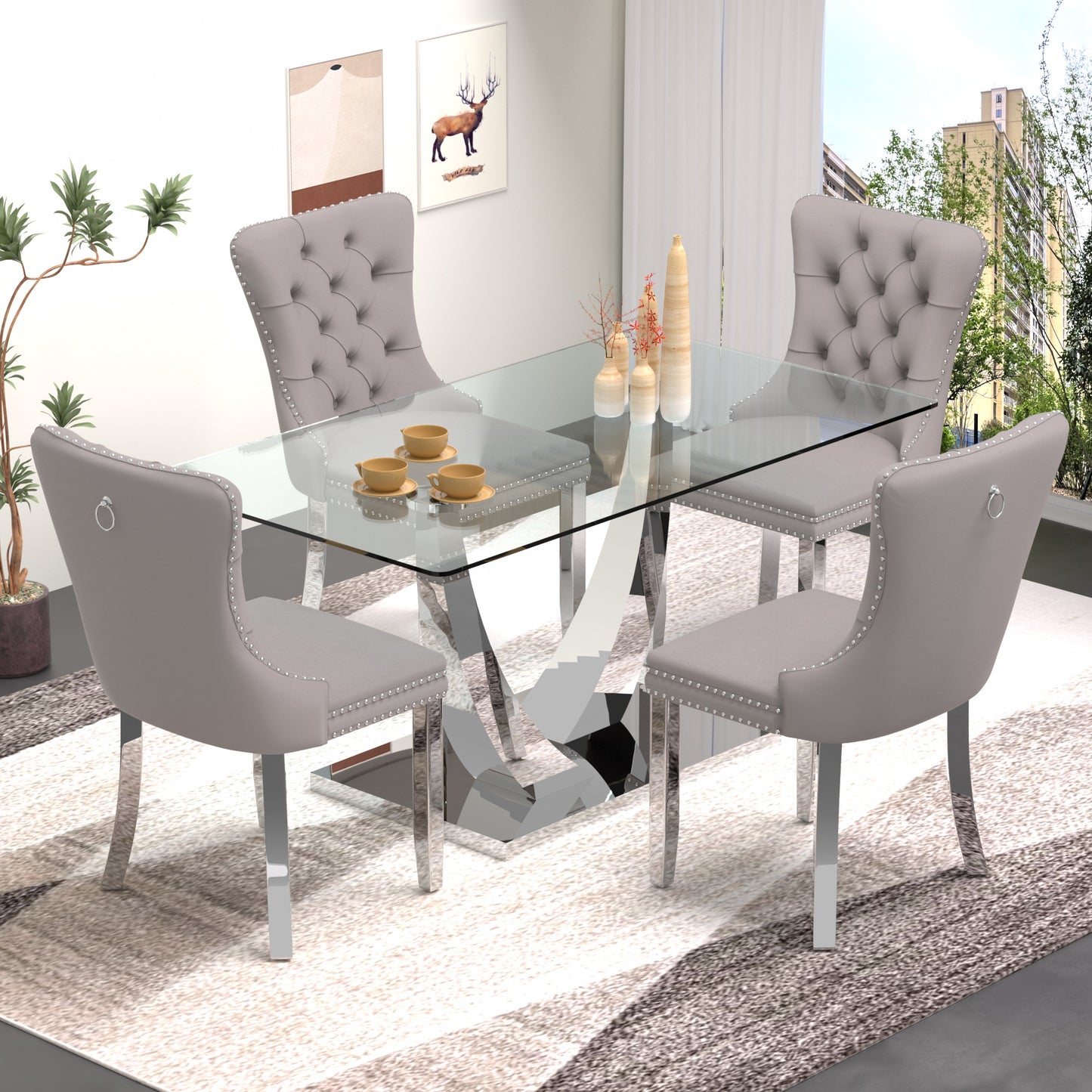 Sumdeal 63" Modern Tempered Glass Dining Room Set , Kitchen & Dining Room Glass Table with Velvet Dining Chairs,Glass Dining Table Set for 4,Glass Dining  Table sets for 6