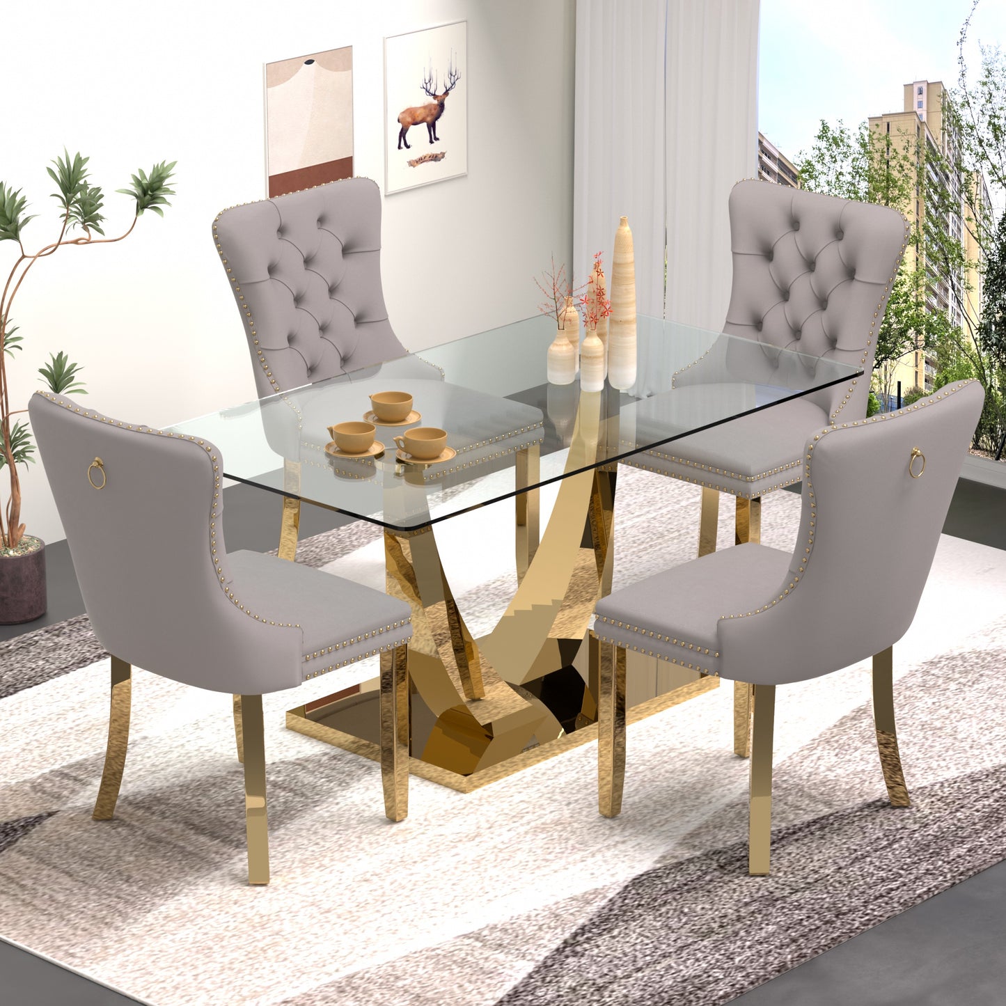 Sumdeal 63" Modern Tempered Glass Dining Room Set , Kitchen & Dining Room Glass Table with Velvet Dining Chairs,Glass Dining Table Set for 4,Glass Dining  Table sets for 6