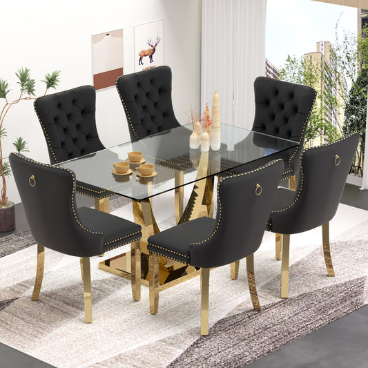 Sumdeal 63" Modern Tempered Glass Dining Room Set , Kitchen & Dining Room Glass Table with Velvet Dining Chairs,Glass Dining Table Set for 4,Glass Dining  Table sets for 6