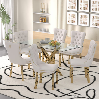 Sumdeal 63" Modern Glass Dining Table Room Sets for 6,Glass Dining Table with Velvet Dining Chairs