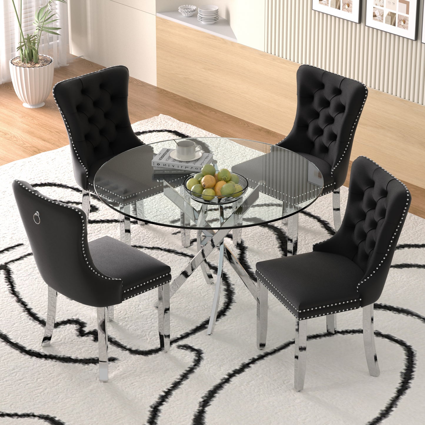 Sumdeal 47" Modern Round Glass Dining Table Room Sets for 4,Dining Table with 4 Velvet Dining Chairs