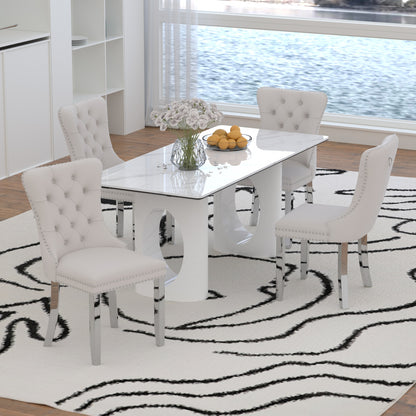 Sumdeal 71" Black base White Sintered Stone Dining Table with Velvet Upholstered Chairs Set of 4,Set of 6,Set of 8