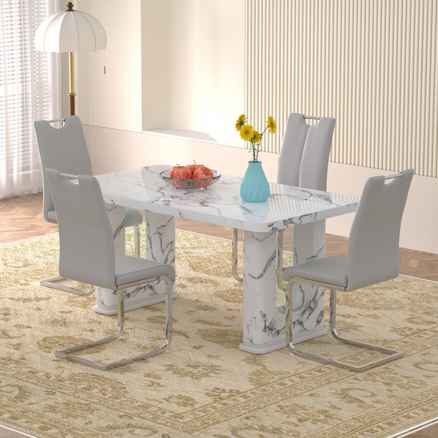 Sumdeal Modern 64.5 Inch Marble Textured Dining Table with 4/6 Faux Leather Upholstered Chairs - Elegant Kitchen and Dining Room Set