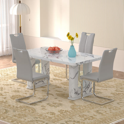 Sumdeal Modern 64.5 Inch Marble Textured Dining Table with 4/6 Faux Leather Upholstered Chairs - Elegant Kitchen and Dining Room Set