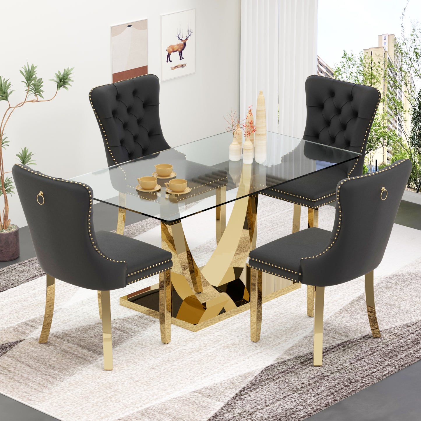Sumdeal 63" Modern Tempered Glass Dining Room Set , Kitchen & Dining Room Glass Table with Velvet Dining Chairs,Glass Dining Table Set for 4,Glass Dining  Table sets for 6
