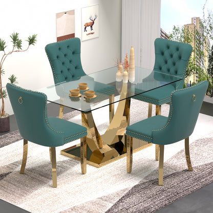 Sumdeal 63" Modern Tempered Glass Dining Room Set , Kitchen & Dining Room Glass Table with Velvet Dining Chairs,Glass Dining Table Set for 4,Glass Dining  Table sets for 6
