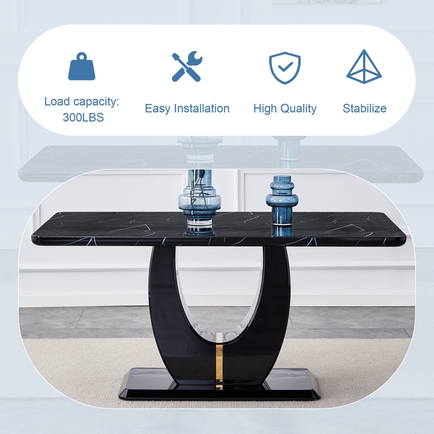 Sumdeal 63" Long Dining Table for 4-6 Modern Faux Marble Dining Table with U-Shape Pedestal Base Mid-Century Rectangle Kitchen Dinner Table