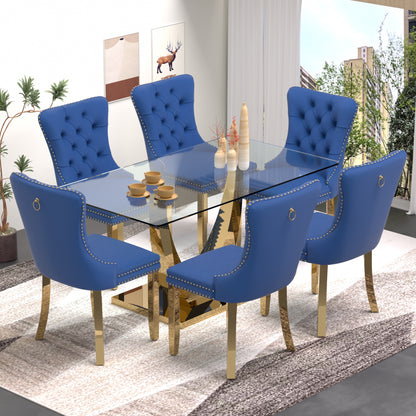 Sumdeal 63" Modern Tempered Glass Dining Room Set , Kitchen & Dining Room Glass Table with Velvet Dining Chairs,Glass Dining Table Set for 4,Glass Dining  Table sets for 6
