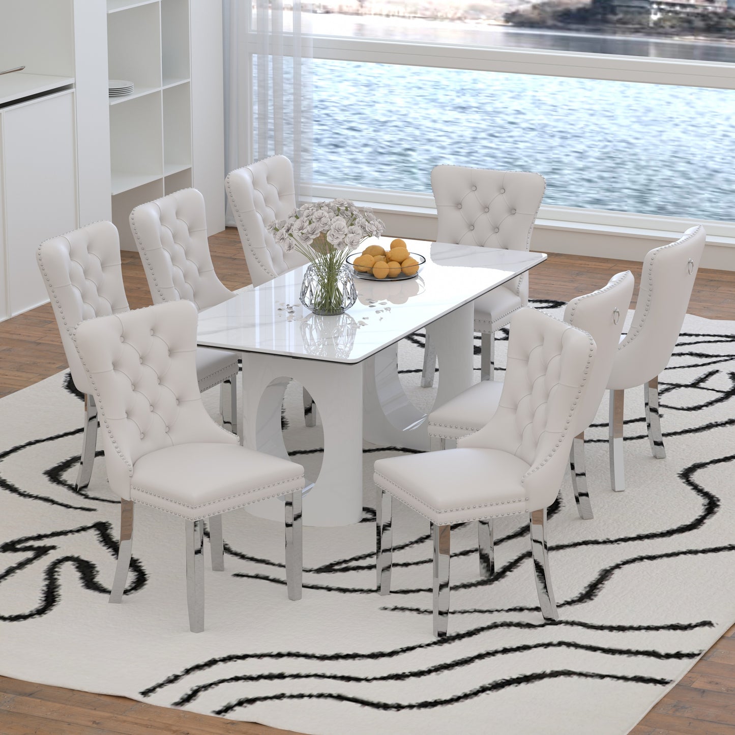 Sumdeal 71" Black base White Sintered Stone Dining Table with Velvet Upholstered Chairs Set of 4,Set of 6,Set of 8