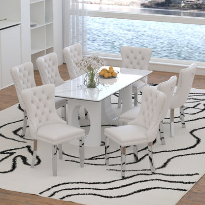 Sumdeal 71" Black base White Sintered Stone Dining Table with Velvet Upholstered Chairs Set of 4,Set of 6,Set of 8