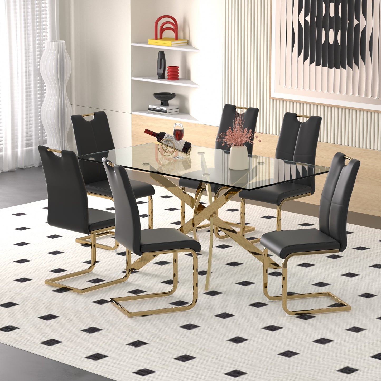 Sumdeal 63" Glass Dining Table Set for 6,Silver Base Dining Room Table with 6 Silver Leg C Shape Chairs