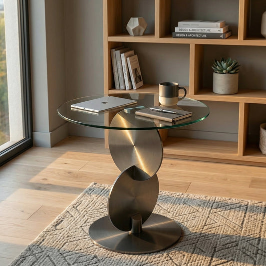 Sumdeal round grey tempered glass side table with brushed stainless steel spiral base