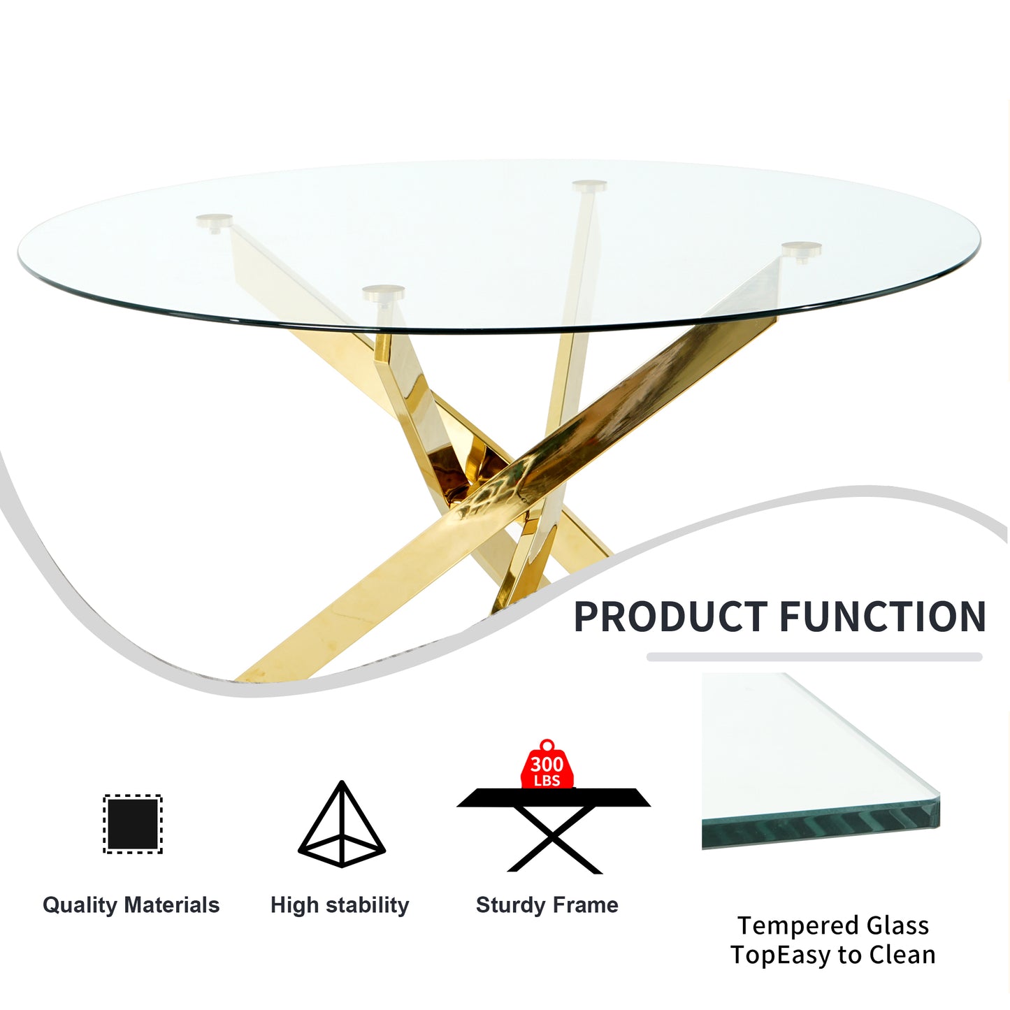 Sumdeal 47" Round Glass Dining Table For 4-6 People，Blade table legs