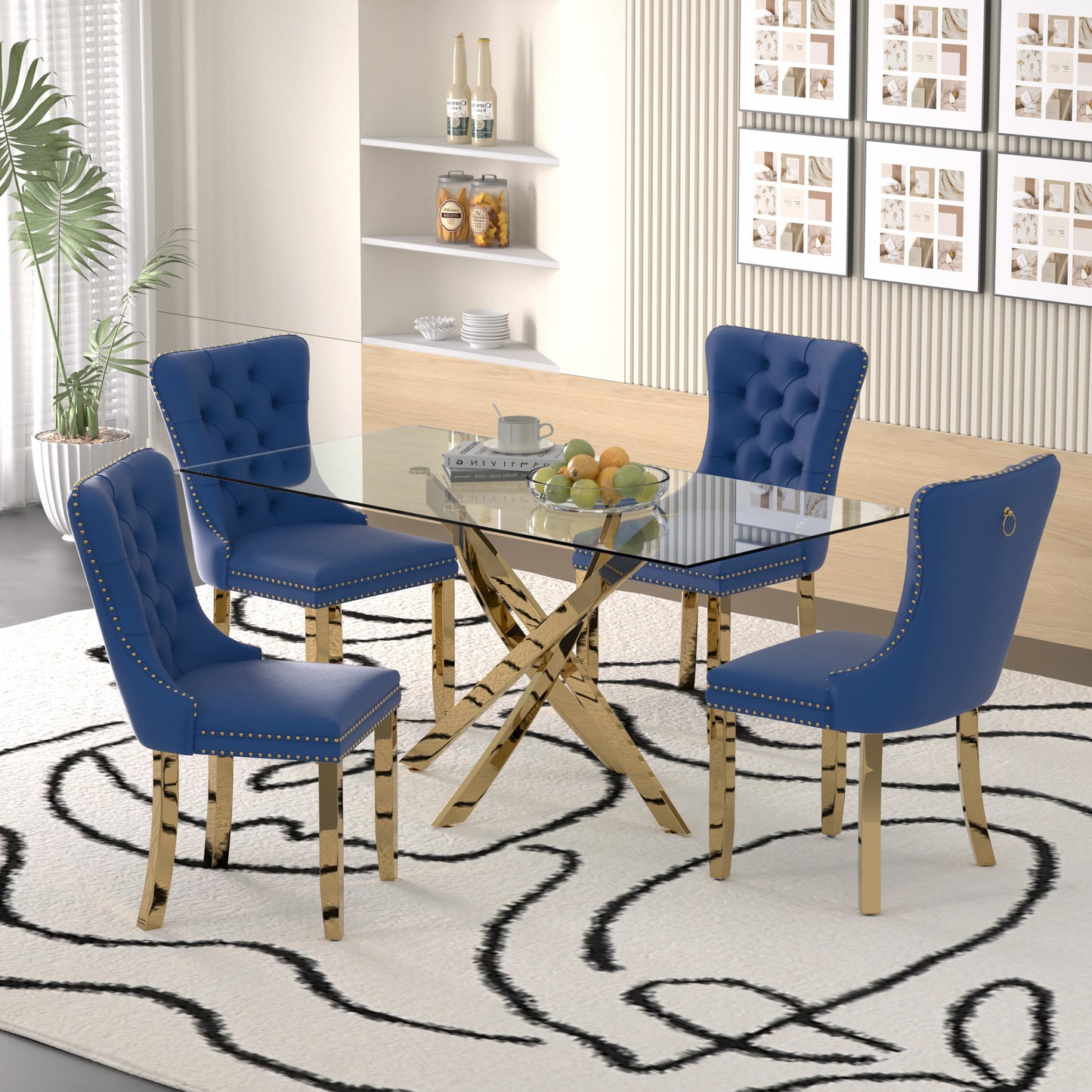Sumdeal 63" Modern Glass Dining Table Room Sets for 6,Glass Dining Table with Velvet Dining Chairs