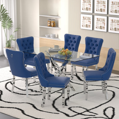 Sumdeal 63" Modern Glass Dining Table Room Sets for 6,Glass Dining Table with Velvet Dining Chairs