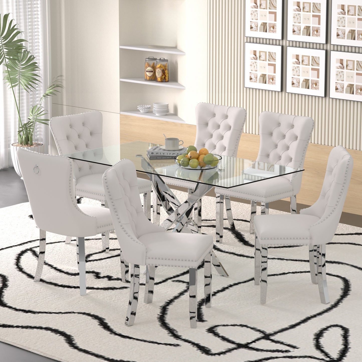 Sumdeal 63" Modern Glass Dining Table Room Sets for 6,Glass Dining Table with Velvet Dining Chairs