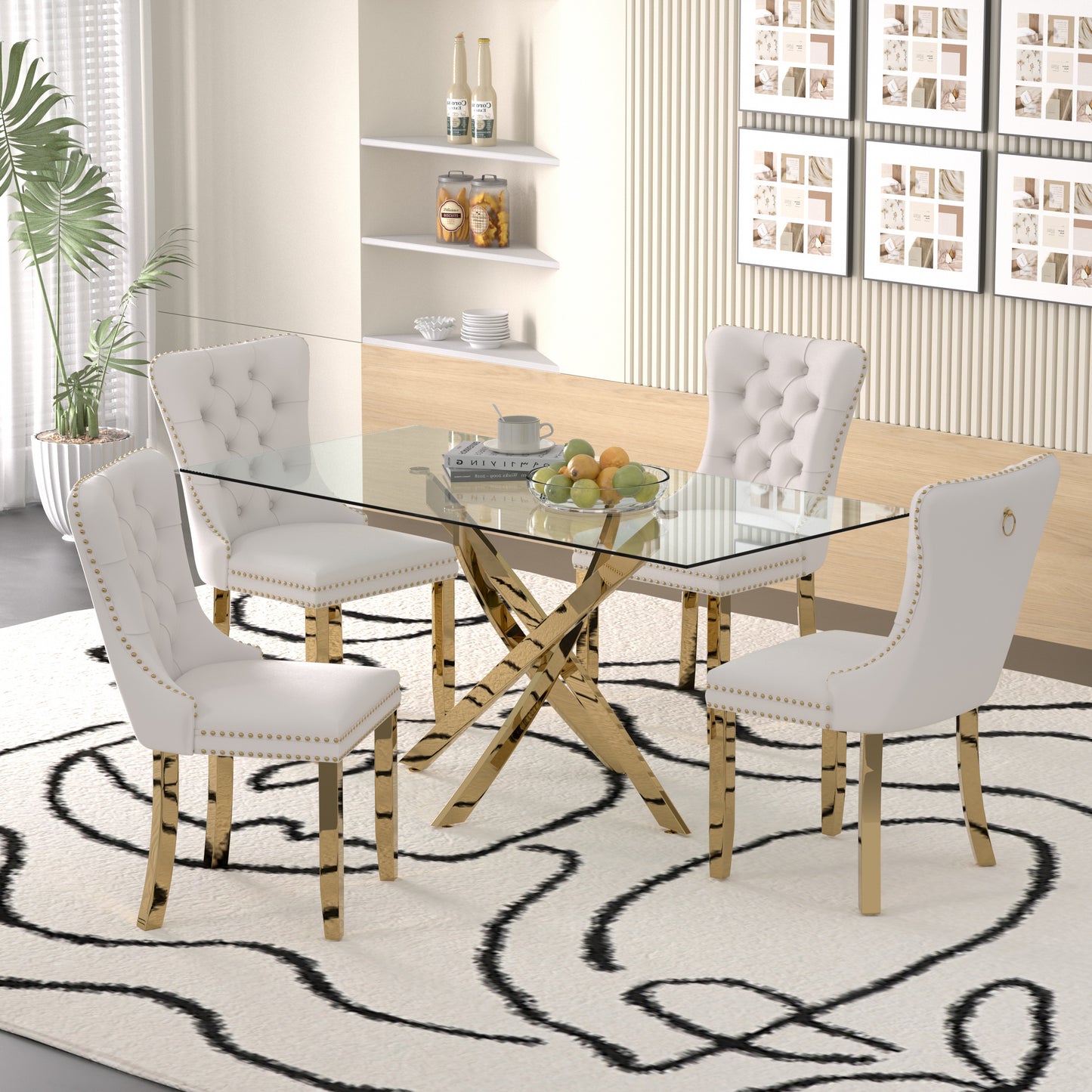 Sumdeal 63" Modern Glass Dining Table Room Sets for 6,Glass Dining Table with Velvet Dining Chairs