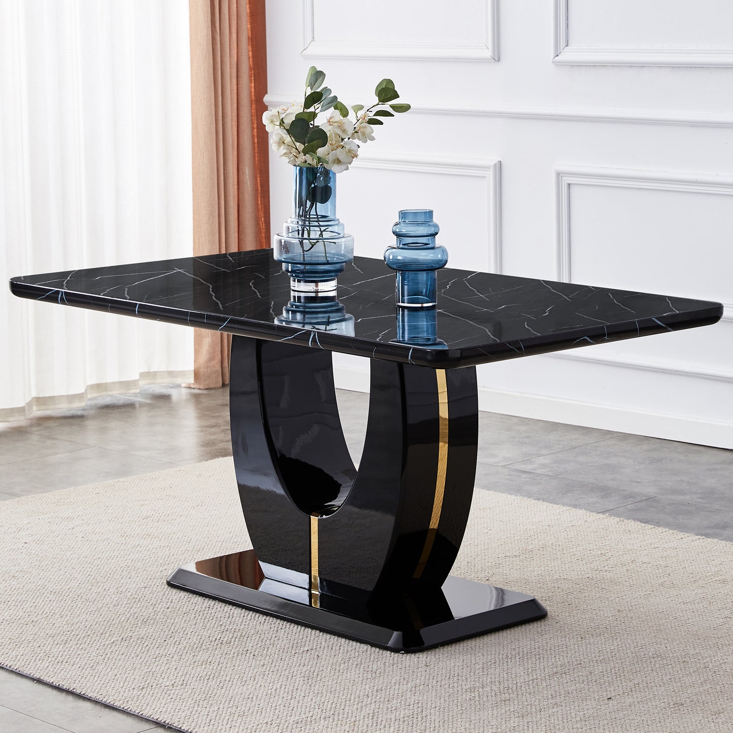 Sumdeal 63" Long Dining Table for 4-6 Modern Faux Marble Dining Table with U-Shape Pedestal Base Mid-Century Rectangle Kitchen Dinner Table