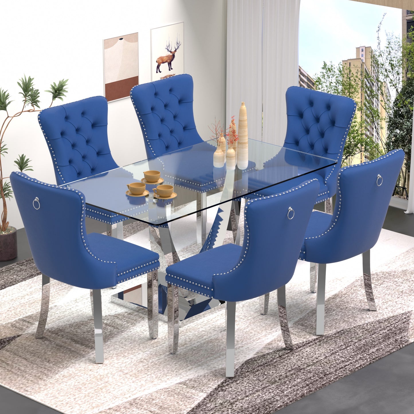 Sumdeal 63" Modern Tempered Glass Dining Room Set , Kitchen & Dining Room Glass Table with Velvet Dining Chairs,Glass Dining Table Set for 4,Glass Dining  Table sets for 6
