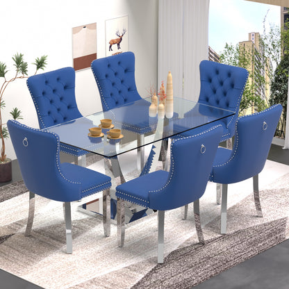 Sumdeal 63" Modern Tempered Glass Dining Room Set , Kitchen & Dining Room Glass Table with Velvet Dining Chairs,Glass Dining Table Set for 4,Glass Dining  Table sets for 6