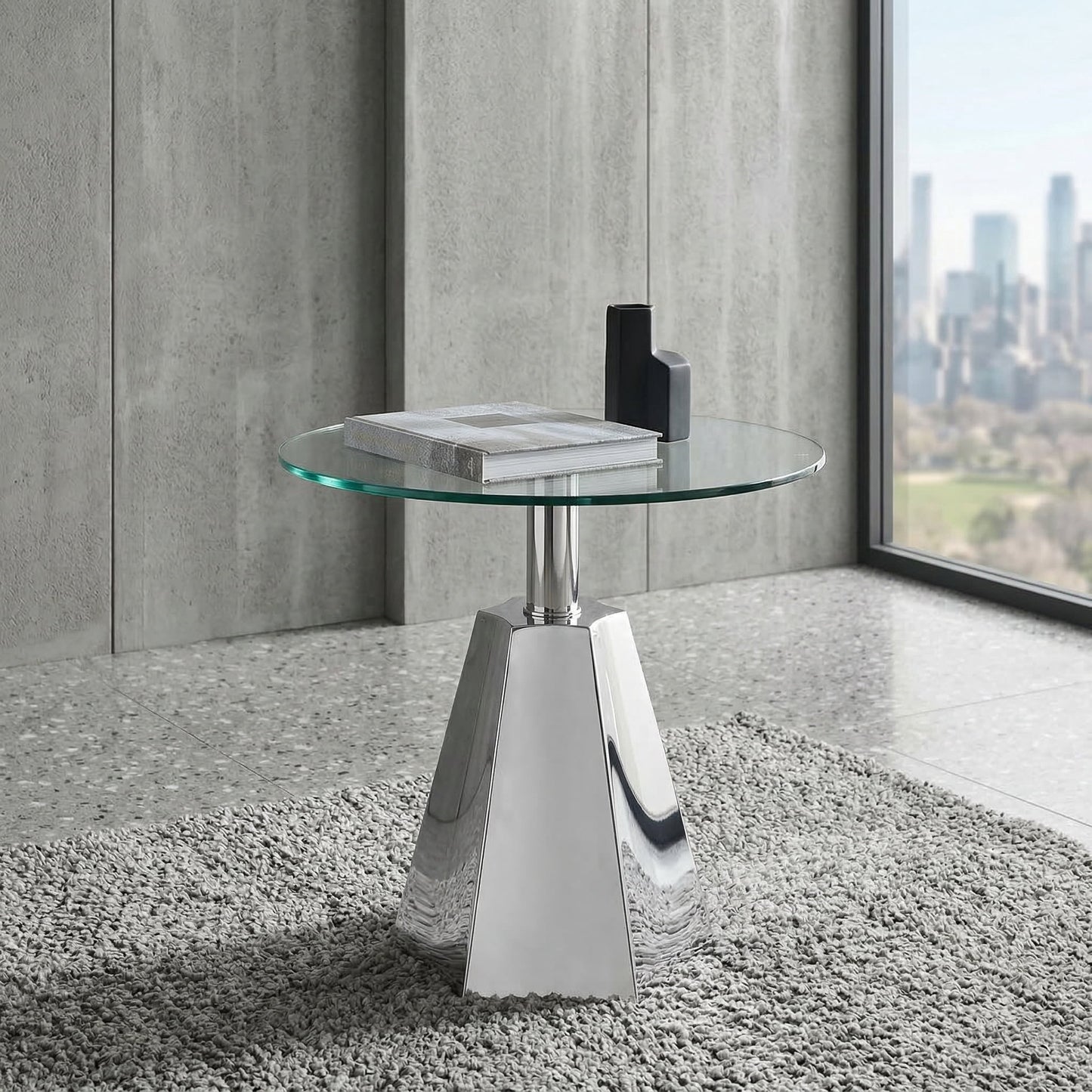 Sumdeal round glass side table with geometric chrome stainless steel base