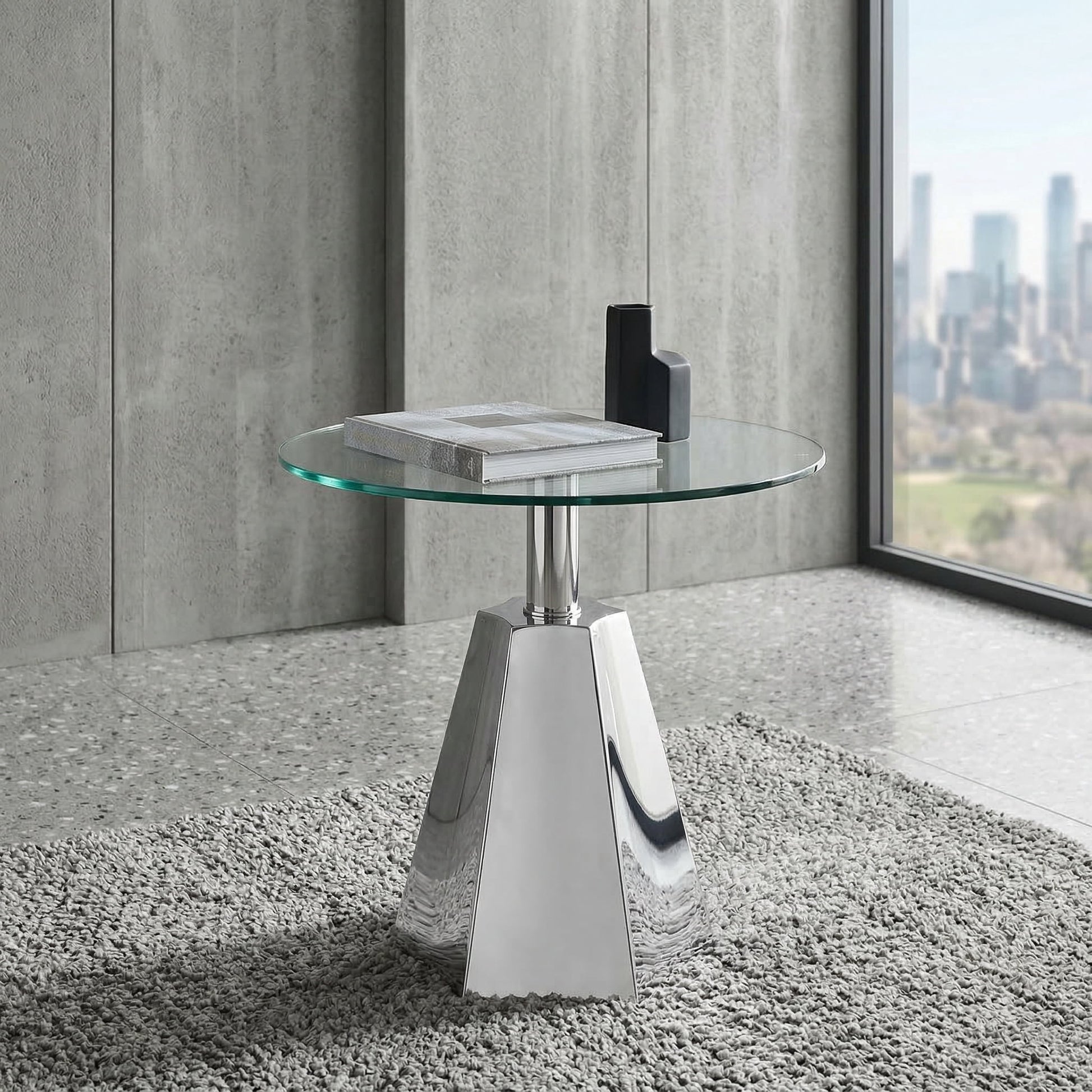 Sumdeal round glass side table with geometric chrome stainless steel base