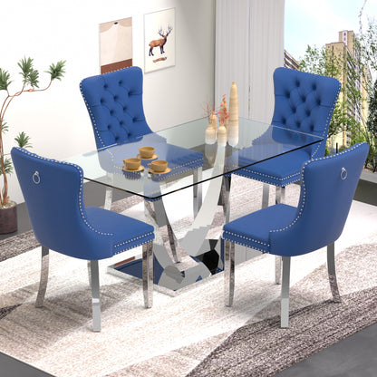 Sumdeal 63" Modern Tempered Glass Dining Room Set , Kitchen & Dining Room Glass Table with Velvet Dining Chairs,Glass Dining Table Set for 4,Glass Dining  Table sets for 6