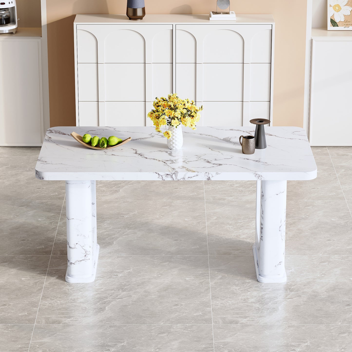 Sumdeal Modern 64.5 Inch Marble Textured Dining Table with 4/6 Faux Leather Upholstered Chairs - Elegant Kitchen and Dining Room Set