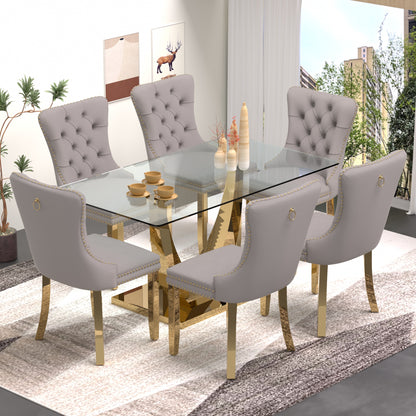 Sumdeal 63" Modern Tempered Glass Dining Room Set , Kitchen & Dining Room Glass Table with Velvet Dining Chairs,Glass Dining Table Set for 4,Glass Dining  Table sets for 6