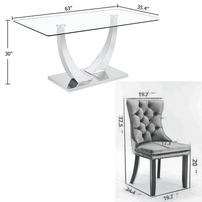 Sumdeal 63" Modern Tempered Glass Dining Room Set , Kitchen & Dining Room Glass Table with Velvet Dining Chairs,Glass Dining Table Set for 4,Glass Dining  Table sets for 6