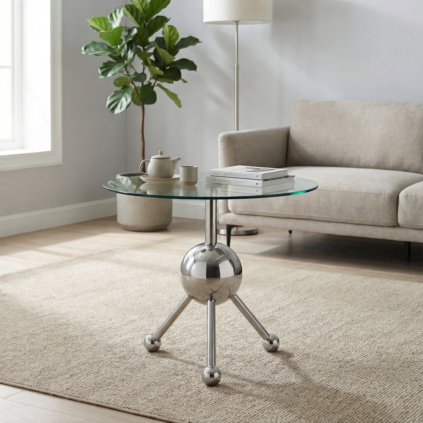 Sumdeal 19.7-inch round glass end table with silver sphere tripod base