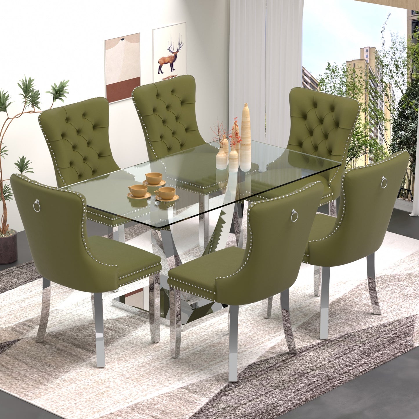 Sumdeal 63" Modern Tempered Glass Dining Room Set , Kitchen & Dining Room Glass Table with Velvet Dining Chairs,Glass Dining Table Set for 4,Glass Dining  Table sets for 6