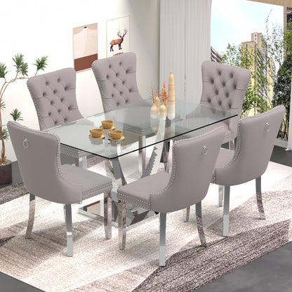 Sumdeal 63" Modern Tempered Glass Dining Room Set , Kitchen & Dining Room Glass Table with Velvet Dining Chairs,Glass Dining Table Set for 4,Glass Dining  Table sets for 6